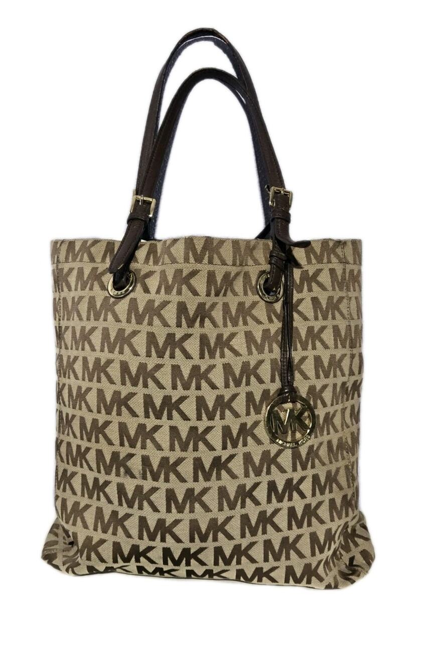 Michael Kors MK Signature Logo Tote Bag Beige Brown Large Shoulder Purse
